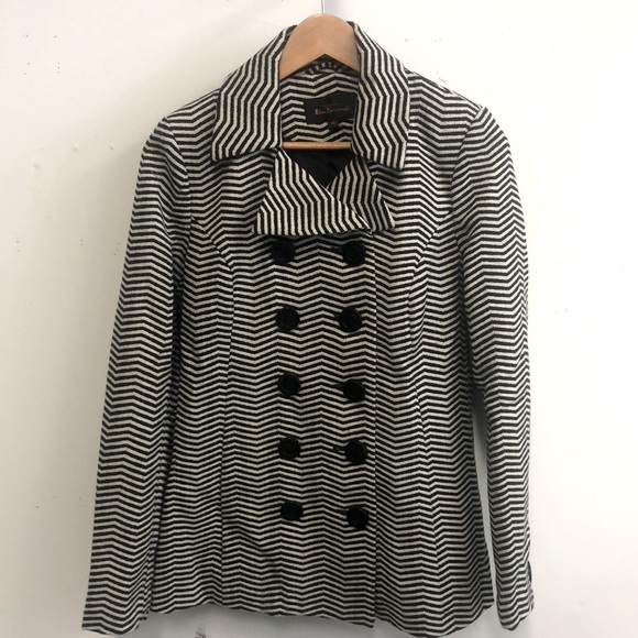 Ben Sherman Black White Striped Pea Coat Size M - Picture 1 of 16